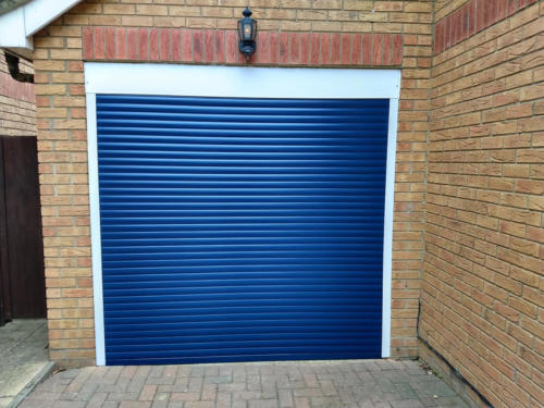 Blue roller garage door